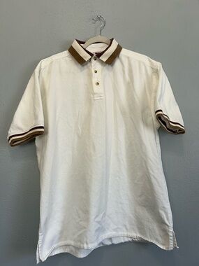 Vintage Graphic Sports Classic White Polo with Contrast Brown Trim. Size L